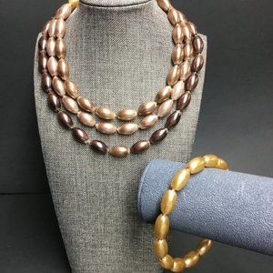 VTG Pop Bead Necklace Bracelet Brown 3 Strand Oval Pearl Spacer Adjustable Retro